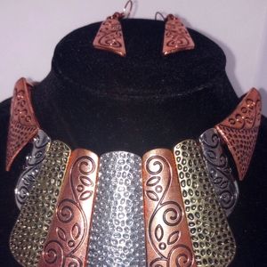 Embossed Metal Necklace and Earring Set